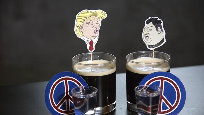 SINGAPORE, SINGAPORE - 6 JUNE: In this photo illustration, a pair of drinks nicknamed 'Bromance', is created specially for the Trump-Kim Summit by local bar Hopheads on June 6, 2018 in Singapore. The White House confirmed on Tuesday that the historic meeting between U.S. President Donald Trump and North Korean leader Kim Jong-un will take place at the Capella Hotel on Singapore's Sentosa Island on June 12 as the Southeast Asian city-state prepares to host the much-anticipated event while increasing the security across the island and designated certain parts as 'a special event area'Â. (Photo by Ore Huiying/Getty Images)