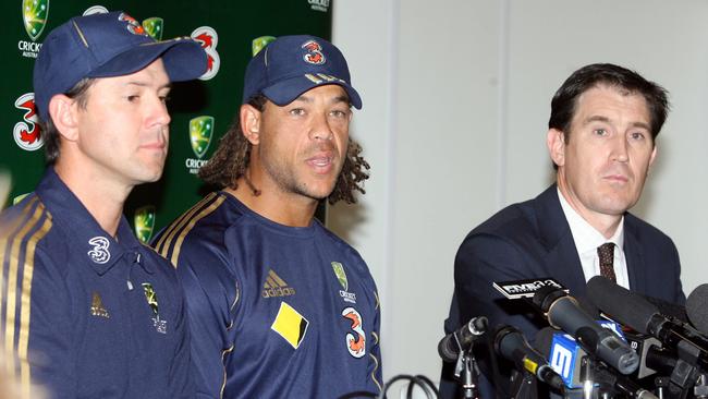 Ricky Ponting, left, with Andrew Symonds and then Cricket Australia chief executive James Sutherland during the 2008 “Monkeygate” affair