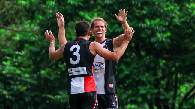 Jed Anderson and Matt Shannon celebrate for Southern Districts in the 2024-25 NTFL season. Picture: Celina Whan / AFLNT Media