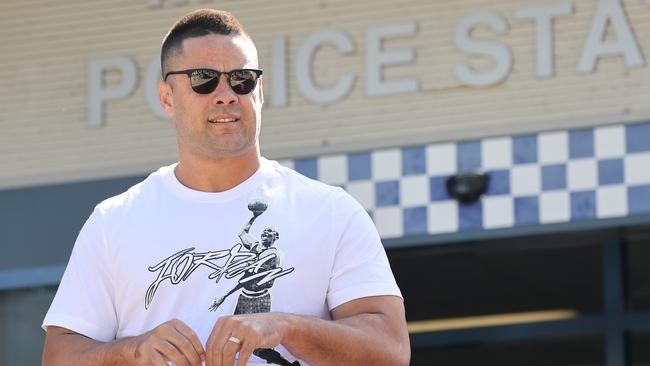 Jarryd Hayne reports to Merrylands police station on Wednesday after his release from prison earlier this week. Picture: NCA NewsWire/Dylan Coker