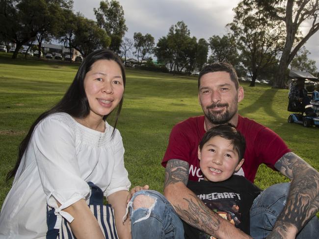 Amanda Huang, Aaron Meyers, Castiel Meyers enjoying the 2024 Mildura Christmas Carols. Picture: Noel Fisher