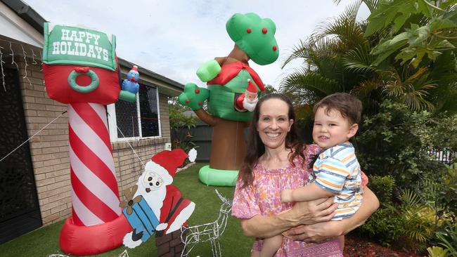 Ms Brigit Daymond and her 2 year old grandson Lincoln Tawhara getting set for the launch of the Christmas lights competition at her Nerang Home. Picture: Mike Batterham