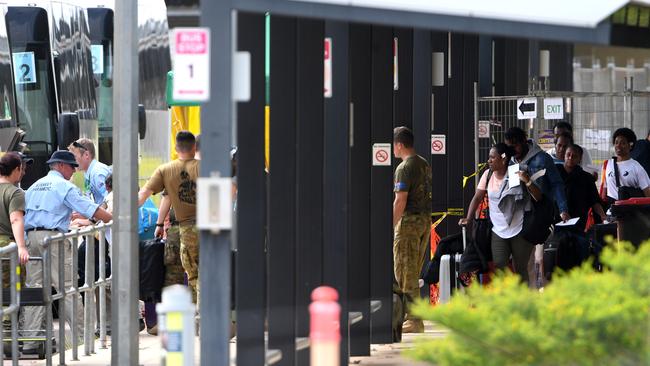 The first group of evacuees have completed fourteen days of quarantine at the Howard Springs site. They will make their way to Darwin International Airport for flights home. Picture: Che Chorley