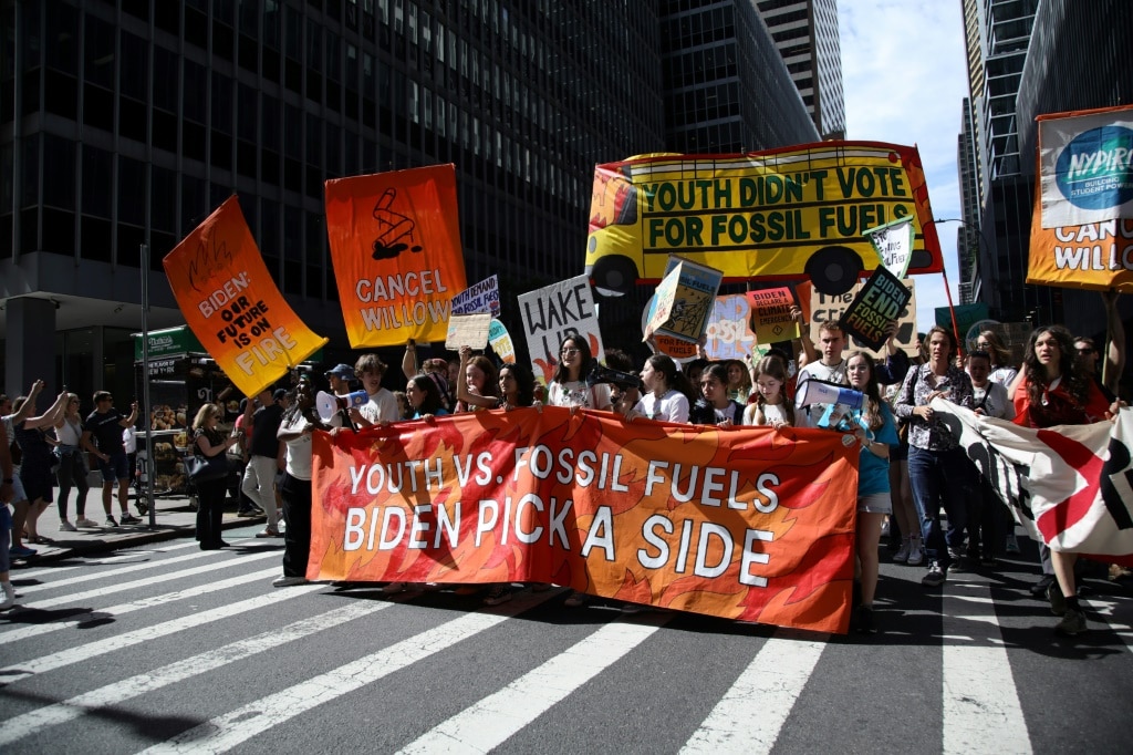 People rally in New York against fossil fuels ahead of a climate summit at the United Nations