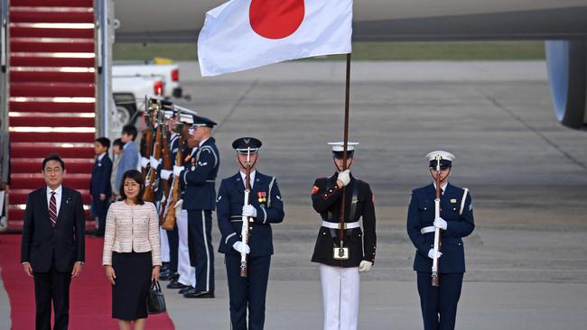 Japanese Prime Minister Fumio Kishida (L) and his wife Yuko Kishida arrive at Joint Base Andrews in Maryland at the start of their state visit. Picture: AFP.