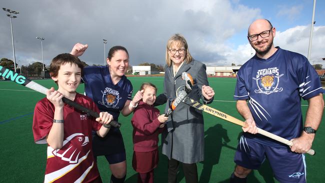 Jacinta Allan with hockey family Harrison, Cassandra, Cate and Shannon Calder. Picture: Alan Barber