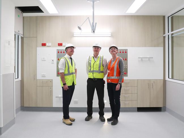 Premier Will Hodgman, Doctor Paul MacIntyre and Health Minister Sarah Courtney in one of the new patient stations. Picture: NIKKI DAVIS-JONES