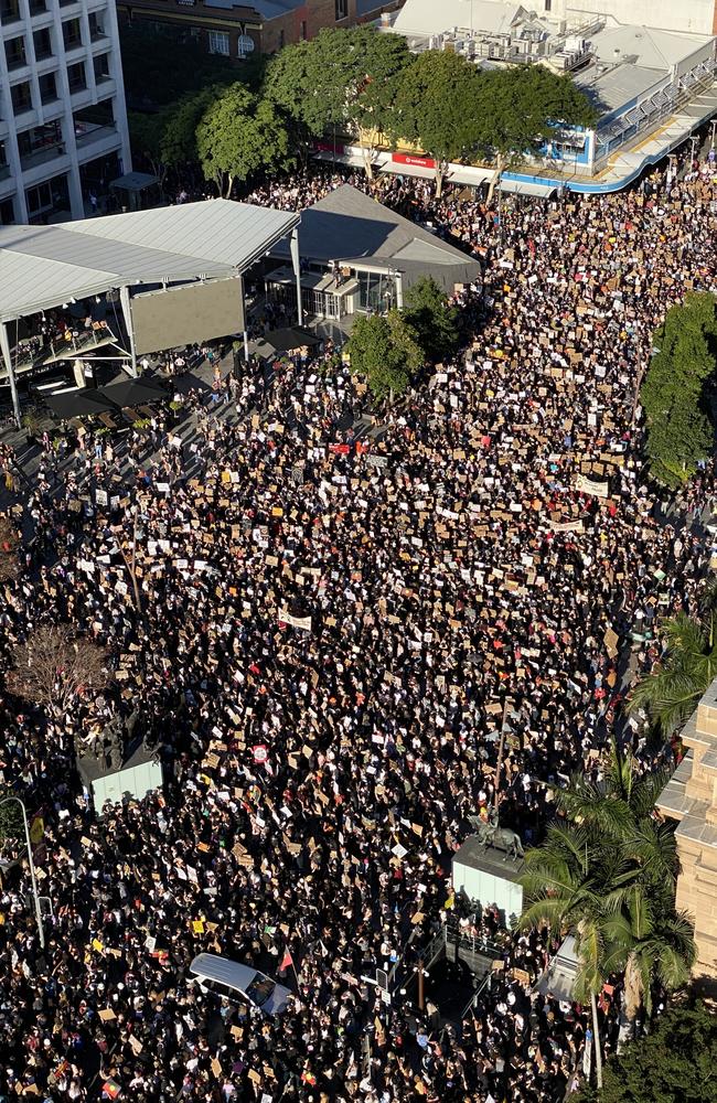 Tens of thousands of people gather for the Black Lives Matter rally in King George Square. Picture: Peter Wallis