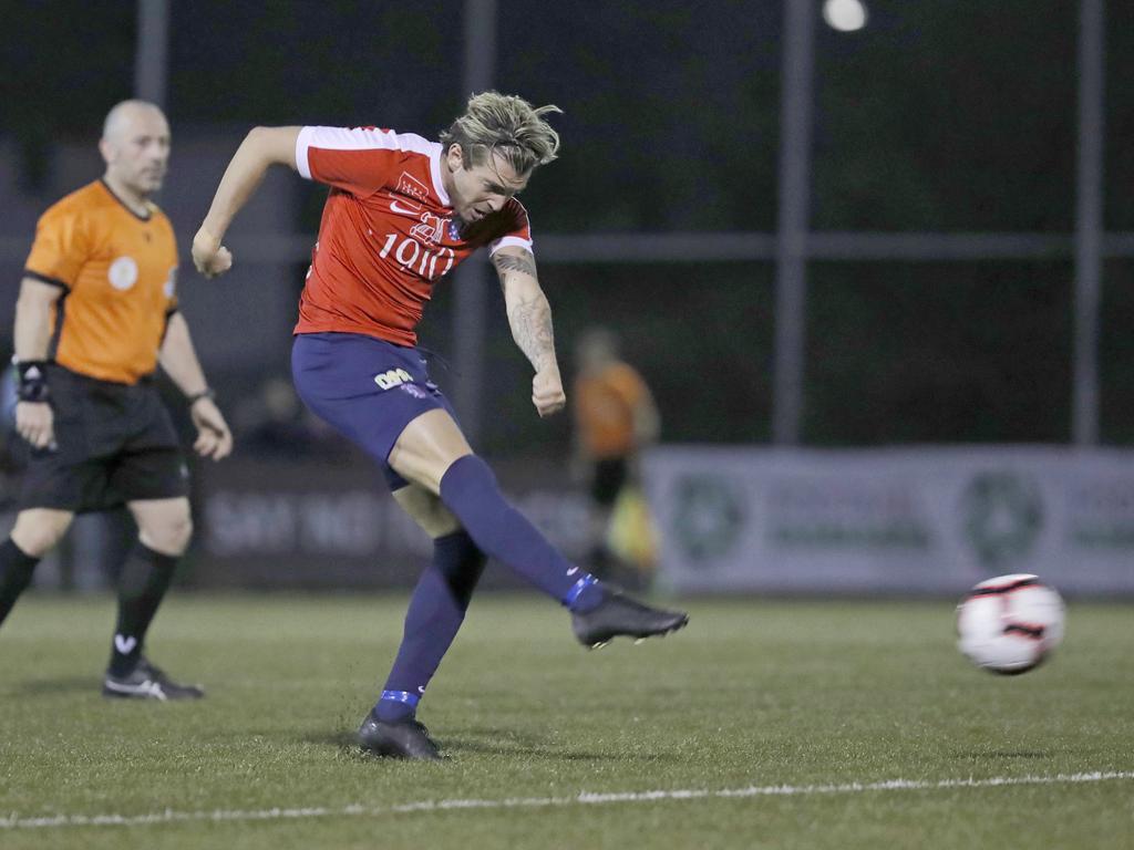 Lokoseljac Cup Final at KGV. Devonport Strikers versus South Hobart. South Hobart's Iksander Van Doorne strikes from the top of the 18-yard box. Picture: PATRICK GEE