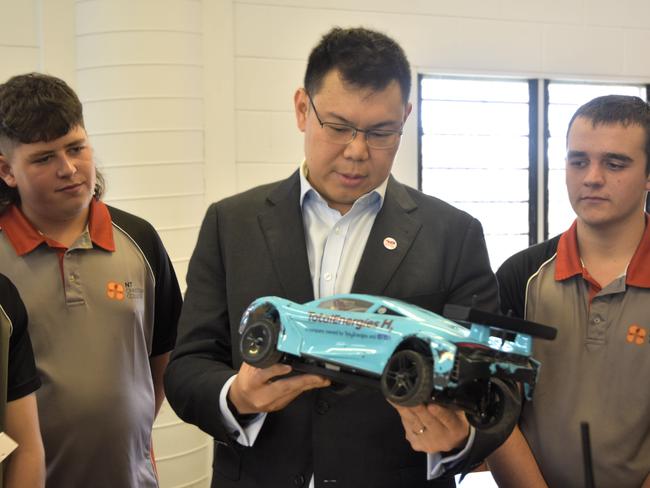 TE H2 Australian managing director Kam Ho with Palmerston Christian College Hydrogen Grand prix team Kayden Bourchier, Benny Sonsie-Daams, Tannum Jones-Materne, Michael Jessup, Ezekiel Kernick, and Johann de Guzman. The team will compete at the Hydrogen World Final in California in September.