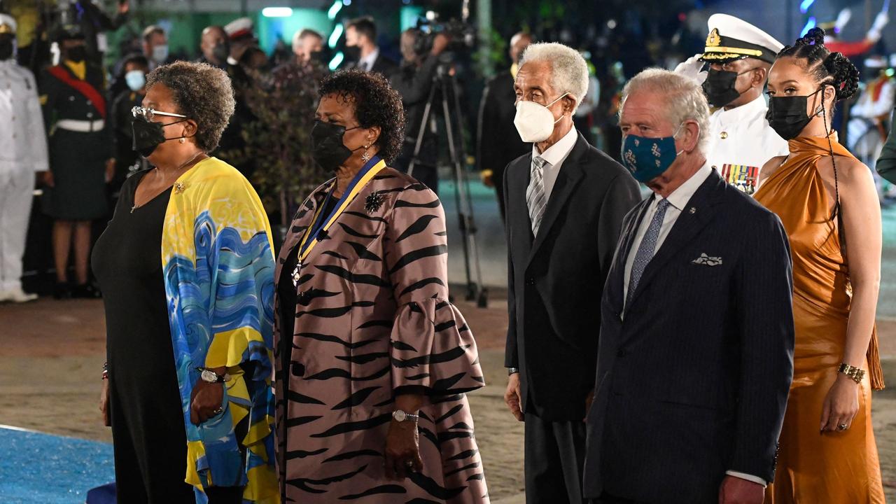 Barbados’ Prime Minister Mia Amor Mottley (left), President of Barbados Sandra Mason, National Hero Sir Garfield Sobers, Prince Charles and Rihanna during the inauguration ceremony. Picture: Randy Brooks/AFP