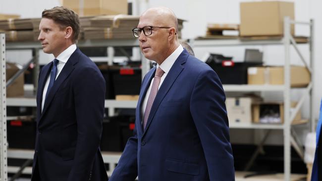 Defence spokesman Andrew Hastie also faced questioning over another key defence issue during his press conference with Coalition leader Peter Dutton. Picture: Richard Dobson / NewsWire