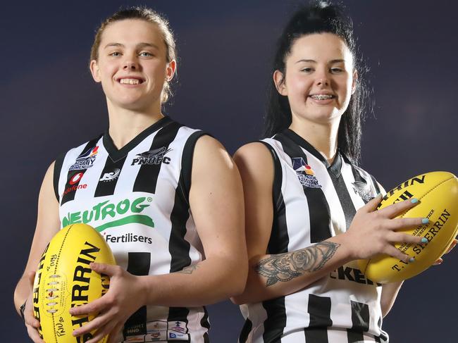 Crows AFLW player Chloe Scheer  20, (L), is on the come back from her ACL injury and has decided to play in the Adelaide Footy League division one with Payneham Norwood Union instead of in the SANFLW. Chloe's sister Abbey, 22, has also dropped out of the SANFLW and is playing with PNU - first time the pair have played football together. 29 July 2020. Picture Dean Martin