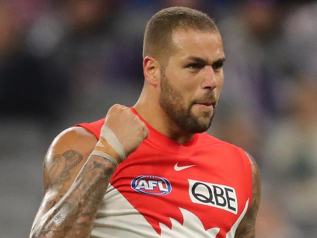 PERTH, AUSTRALIA - MAY 22: Lance Franklin of the Swans celebrates after scoring a goal during the 2021 AFL Round 10 match between the Fremantle Dockers and the Sydney Swans at Optus Stadium on May 22, 2021 in Perth, Australia. (Photo by Will Russell/AFL Photos via Getty Images)