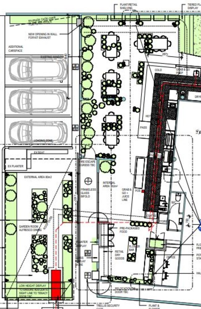 Four car spaces would be replaced by a garden dining room (bottom left corner) at new business The Green proposed for Fortitude Valley. Picture: Channon Architects/Development i