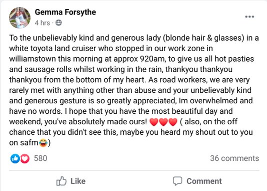 Gemma Forsythe's Facebook post in the Barossa Valley Community Chat. Picture Facebook