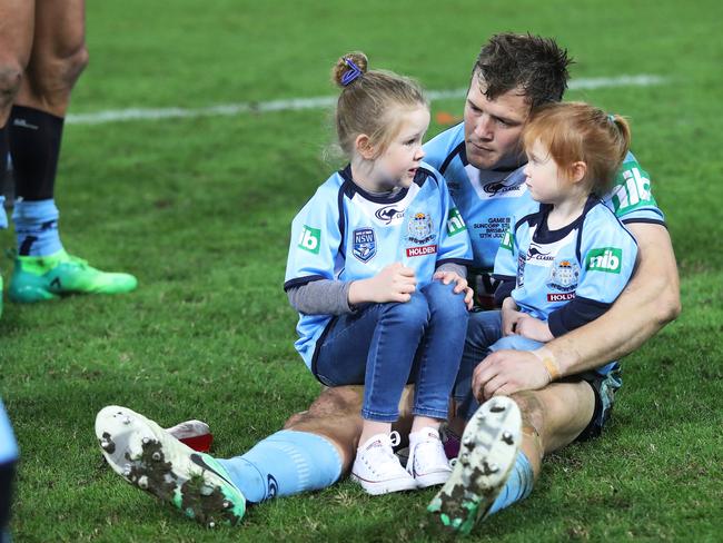 Brett Morris with daughters Emily and Ellie after the loss in the State of Origin series decider at Suncorp Stadium. Picture: Brett Costello