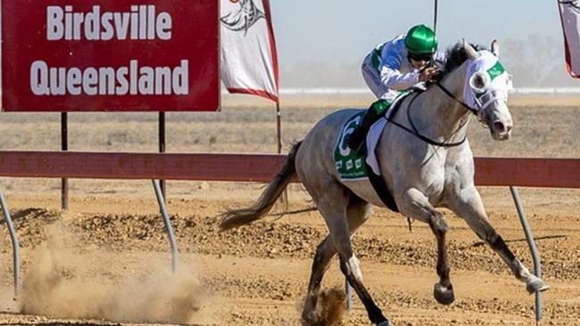 Jockey Emily Finnegan rides the Brook family owned Neodium to win race 6, the TAB Birdsville Cup at the Birdsville races in outback Queensland. Picture: Birdsville Races