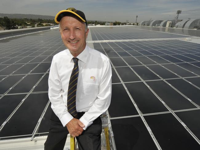 Adelaide Showgrounds urban solar plant is officially a power station, meaning it can earn renewable energy certificates providing new revenue. Showground chief executive John Rothwell on the roof of the Goyder Pavilion with the solar panels.