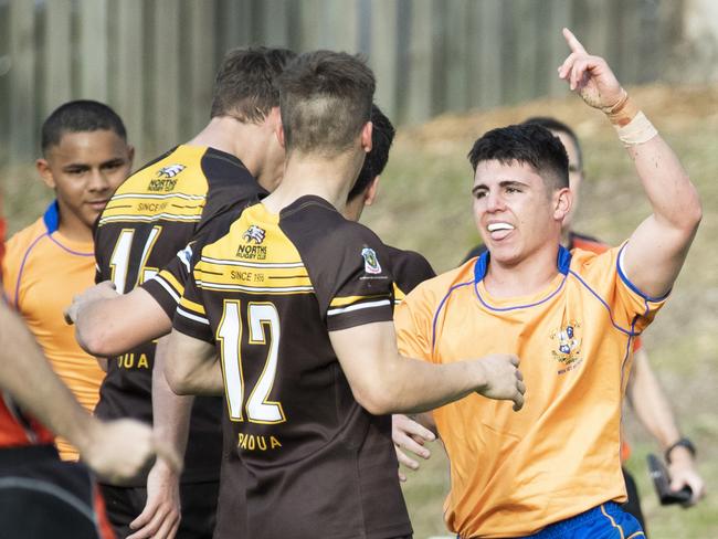 AIC First XV schoolboy rugby. Marist College Ashgrove vs Padua College. Marist #12 Ky Rashleigh celebrates a try.  5 September, 2020. Picture: Renae Droop