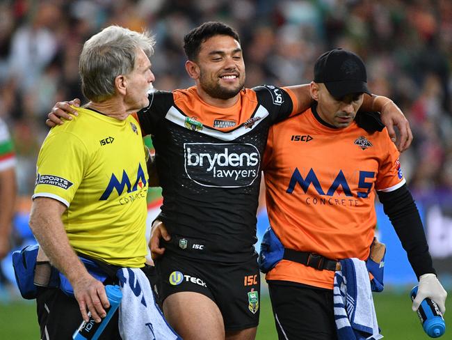 Wests Tigers winger David Nofoaluma could be a juicy POD but keep an eye on late mail after he was forced from the field following a head knock during the Round 19 NRL match against South Sydney. Picture: AAP Image