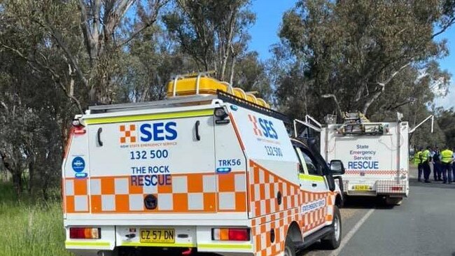 Emergency services respond to the fatal crash at Holbrook Road, Mangoplah that claimed the life of a six-year-old on October 2. Picture: The Rock SES