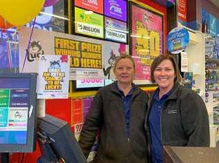 LUCKY CATS: Vanessa Kinivan and Heather Richardson, from Charleville Newsagency, which sold the $200,000 winning Lotto ticket to a Roma couple. Picture: Carly Everitt