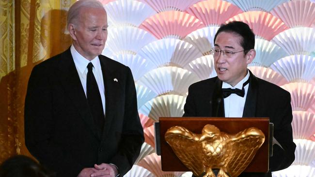 Joe Biden listens as Japanese Prime Minister Fumio Kishida speaks during a State Dinner in the East Room of the White House. Picture: AFP.