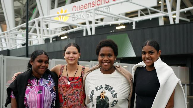 Maria Namok, Ellie Thomson, Nancia Savage and Dakota Namok head into Queensland Country Bank Stadium for the NRL All Stars on Friday night. Picture: Blair Jackson