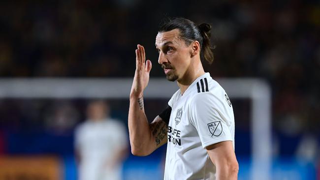 Zlatan Ibrahimovic of LA Galaxy reacts against Atlanta United