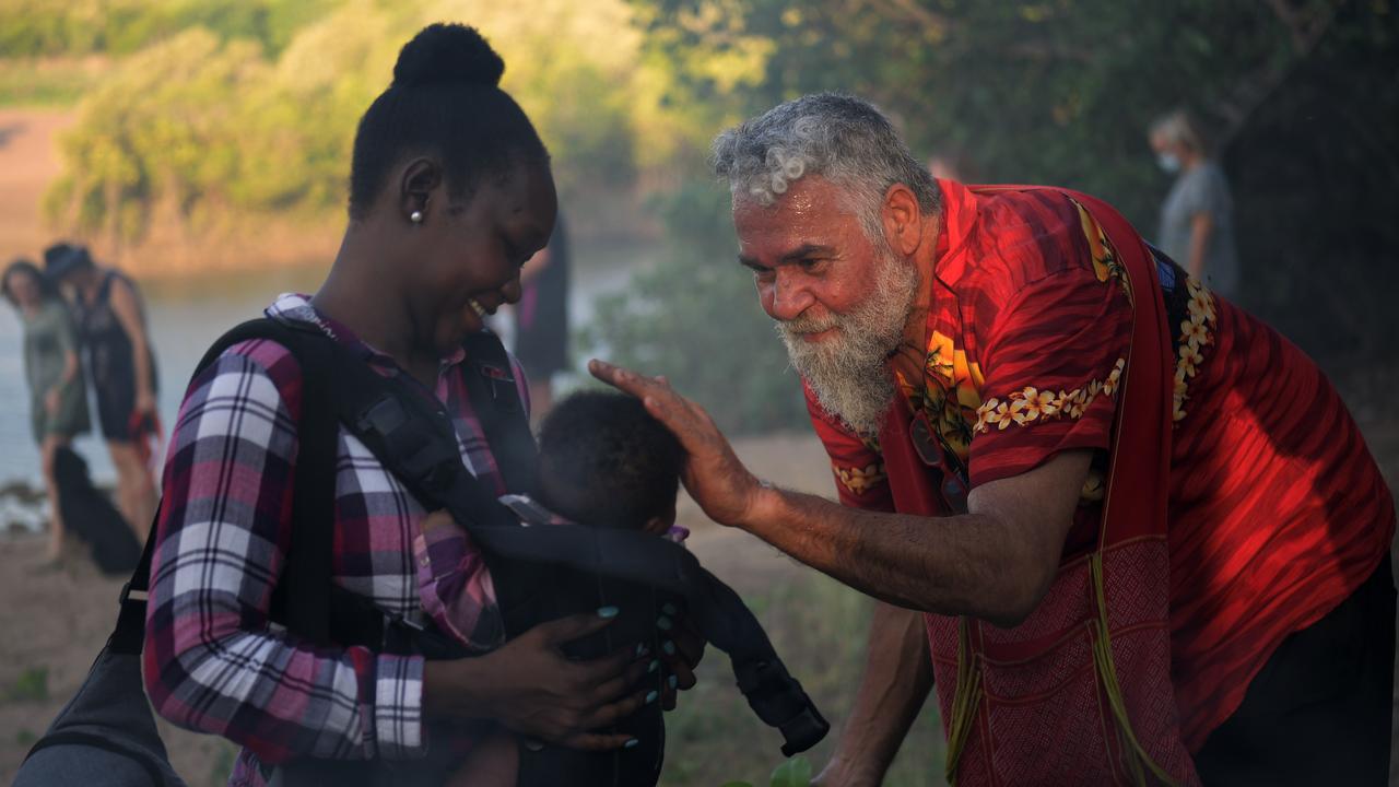 Larrakia Elders open the space near Rapid Creek Footbridge for hundreds attending the #JusticeforCassius vigil. Picture: (A)manda Parkinson