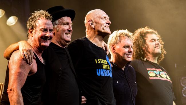 Rob Hirst, Jim Moginie, Peter Garrett, Martin Rotsey and Adam Ventoura at their third-last show. Picture: Joel Cangy / Supplied.