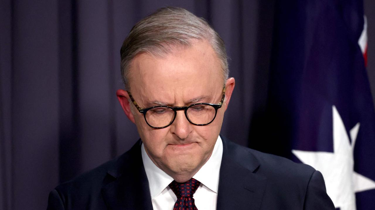 Prime Minister Anthony Albanese reacts to Australians having roundly rejected an Indigenous Voice to Parliament. Picture: David Gray/AFP