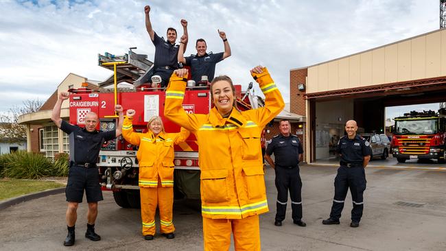 Jubilant fireys following confirmation of funding in the state budget for a new fire station in Craigieburn.