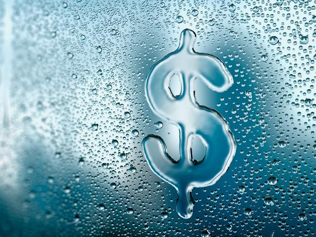 Water drop forming a Dollar sign - 3D Rendering; generic saving money wasting water