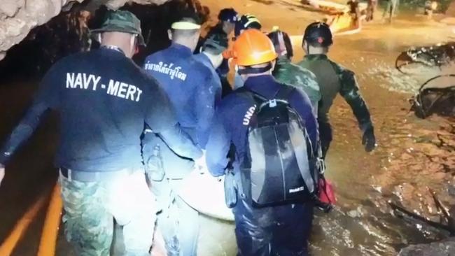 The 12 boys successfully rescued from the flooded Thai cave were passed ‘sleeping’ on stretchers through the treacherous tunnels. Picture: Supplied