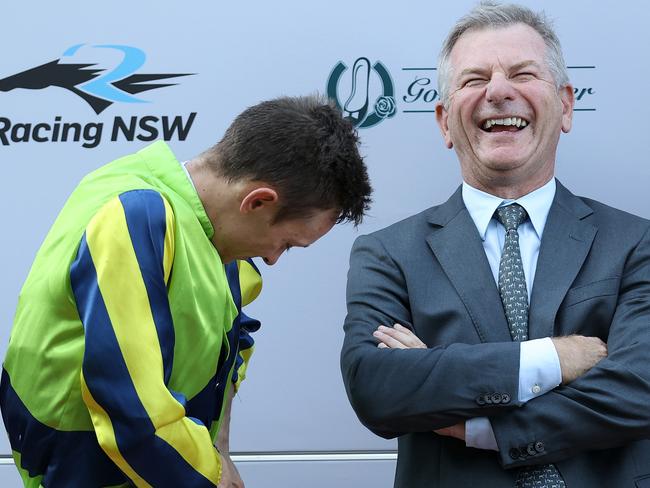 SYDNEY, AUSTRALIA - MARCH 30: Kris Lees trainer of Kalapour ridden by Dylan Gibbons reacts after winning Race 8 The KIA Tancred Stakes during Sydney Racing at Rosehill Gardens on March 30, 2024 in Sydney, Australia. (Photo by Jason McCawley/Getty Images) (Photo by Jason McCawley/Getty Images)