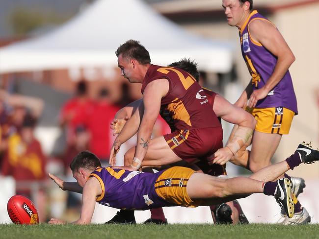 Murray FL, Grand Final, Nathalia V Barooga, at Mercury Sports Complex, Shepparton,  Tom Nihill, 23, Nathalia Purps   &   William Gorman, 22,   Barooga,     Picture Yuri Kouzmin