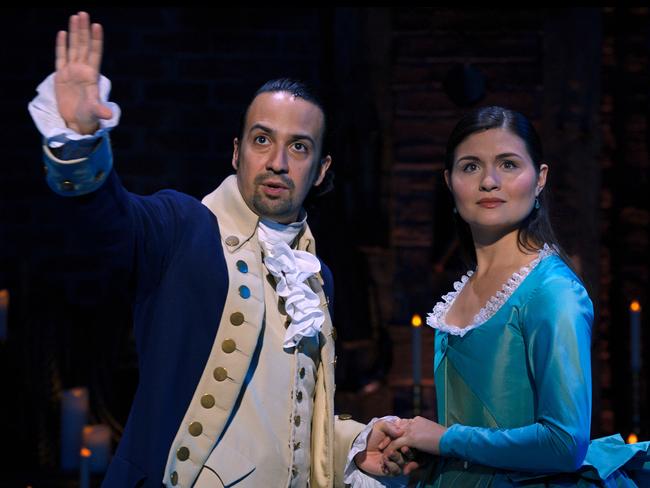 Lin-Manuel Miranda portrays Alexander Hamilton, left, and Phillipa Soo portrays Eliza Hamilton in a filmed version of the original Broadway production of "Hamilton”. Picture: AP