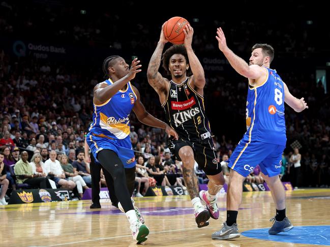 Jaylen Adams of the Kings drives to the basket during the round 12 NBL match between Sydney Kings and Brisbane Bullets at Qudos Bank Arena. Picture:Matt King/Getty Images