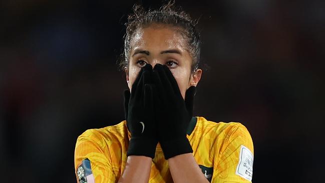 SYDNEY, AUSTRALIA – AUGUST 16: Mary Fowler of Australia looks dejected after the team's 1-3 defeat and elimination from the tournament following the FIFA Women's World Cup Australia &amp; New Zealand 2023 Semi Final match between Australia and England at Stadium Australia on August 16, 2023 in Sydney, Australia. (Photo by Cameron Spencer/Getty Images)