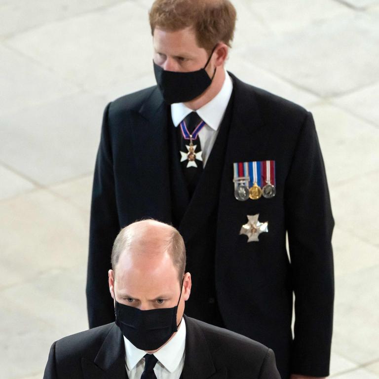 Princes William and Harry arrive for Prince Philip’s funeral. Picture: Danny Lawson/AFP