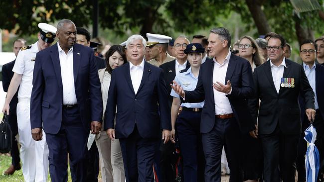 US Defence Secretary Lloyd Austin, Japanese Defense Minister Gen Nakatani and Australian Defence Minister Richard Marles were in Darwin for trilateral talks which resulted in Japanese forces joining US Marines in annual rotations through the Top End. Picture: Kym Smith