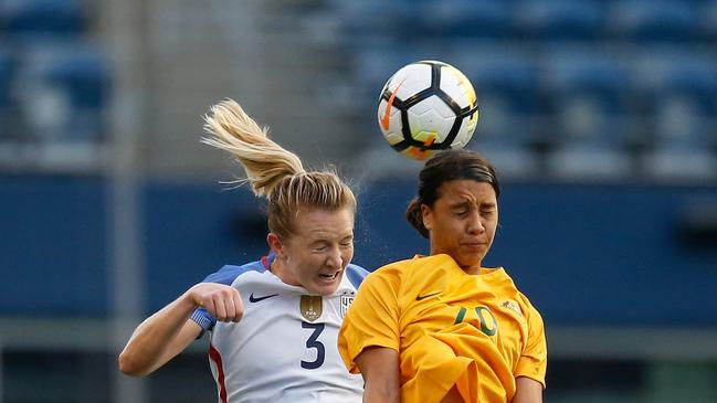 SEATTLE, WA – JULY 27: Samantha Mewis #3 of the United States battles Samantha Kerr #20 of Australia during the 2017 Tournament of Nations at CenturyLink Field on July 27, 2017 in Seattle, Washington. (Photo by Otto Greule Jr/Getty Images)