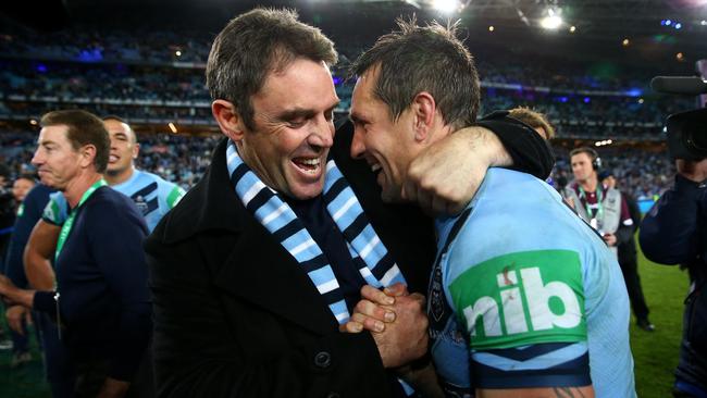 Blues coach Brad Fittler and halfback Mitchell Pearce after the game. Picture: Adam Head