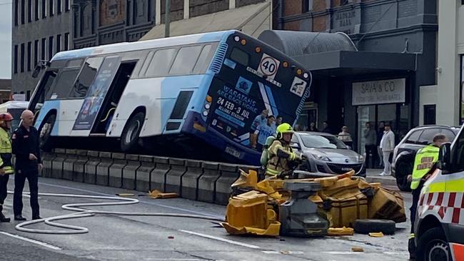 The bus crash on the corner of Victoria Rd and Lyons Rd Drummoyne. Picture: Paul Mulvey