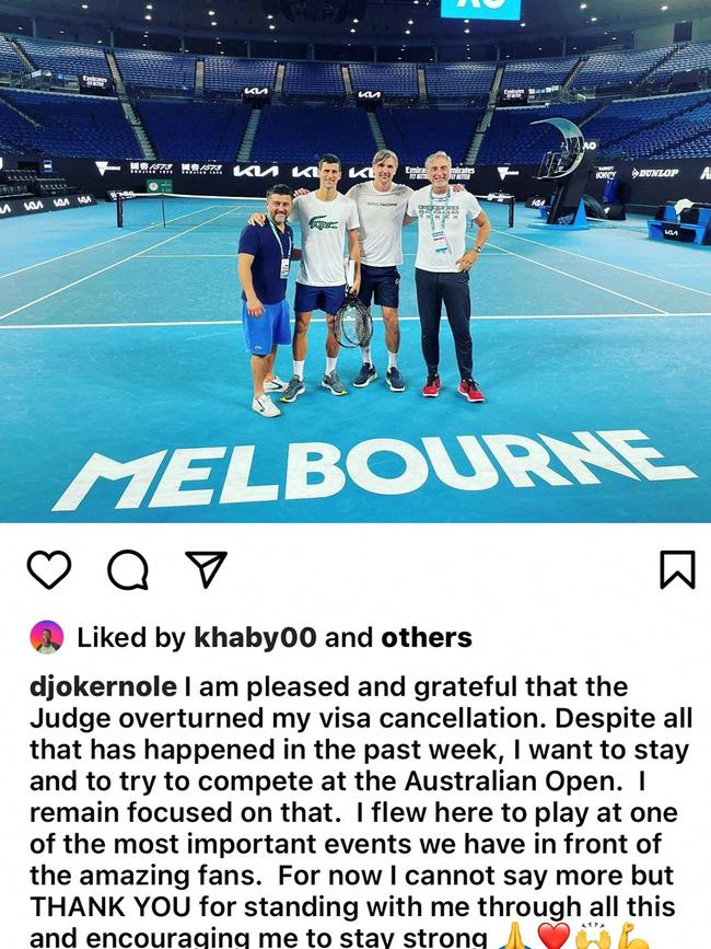 Novak Djokovic shared a message on social media with his supporters at the time he was fighting to remain in Australia. Picture: Instagram