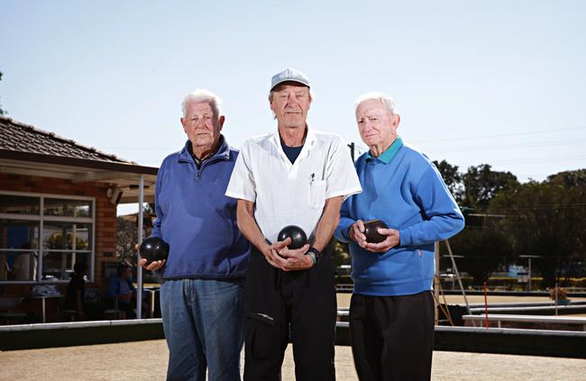 Tony Sestanovich, 82 (life member), Ross Aldridge, 55, (mens bowls president) and Richard Clarke, 75, (mens bowls secretary) at North Manly Bowling Club. Picture: Adam Yip / Manly Daily