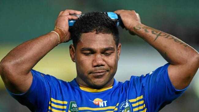 Chris Sandow of the Eels leaves the field following their loss to the Cowboys during the round 13 NRL match between the Parramatta Eels and the North Queensland Cowboys at Pirtek Stadium in Sydney on Monday, June 8, 2015. Picture: PAUL MILLER