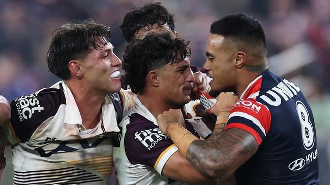 Spencer Leniu and Kotoni Staggs clash during the Roosters-Broncos match at Allegiant Stadium in Las Vegas. Picture: Getty Images